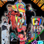A poster of 8 drag performers in various outfits and poses on a black background framed with orange covered by trellis. The bottom right corner has an anime fusion logo framed by a green line. The names of the performers, top down and left to right: Panic, Cerberus, Marco, Pain, Rex, Dementia, Chaos, Boy White text on the upper left corner says: HAUS OF HADES, PERFORMER