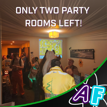 Image of multiple people in a room party, with the message "ONLY TWO PARTY ROOMS LEFT!" at the top.