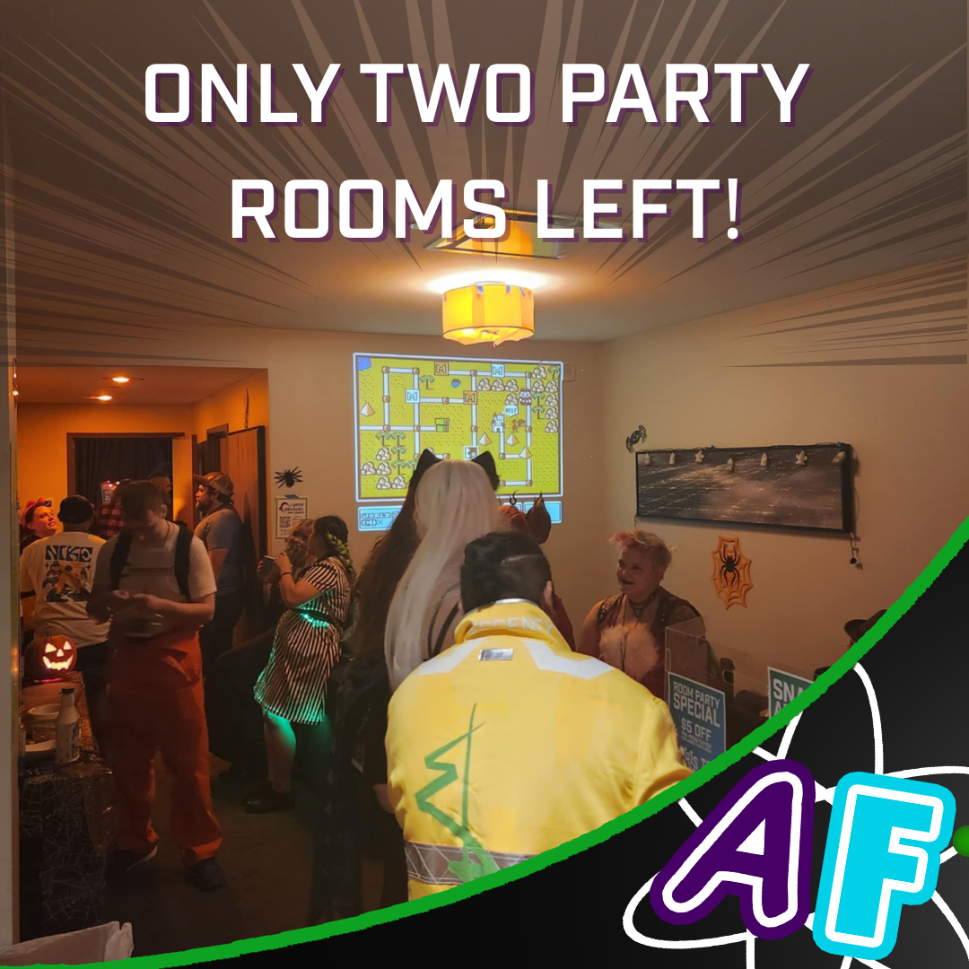Image of multiple people in a room party, with the message "ONLY TWO PARTY ROOMS LEFT!" at the top.