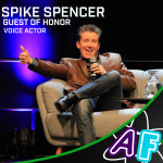 White text over a headshot of voice actor Spike Spencer: "SPIKE SPENCER, GUEST OF HONOR, VOICE ACTOR". The headshot and text are on a purple background with characters Spencer has voiced composited near his left side. His most notable role, Shinji Ikari from Neon Genesis Evangelion, is most prominent. Other visible roles include: Inojin Yamanaka from Boruto, Junichiro Tanizaki from Bungo Stray Dogs, Arakune from BlazBlue, Ringabel from Bravely Default, and Hanataro Yamada from Bleach.