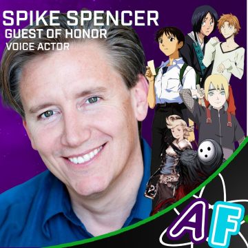 White text over a headshot of voice actor Spike Spencer: "SPIKE SPENCER, GUEST OF HONOR, VOICE ACTOR". The headshot and text are on a purple background with characters Spencer has voiced composited near his left side. His most notable role, Shinji Ikari from Neon Genesis Evangelion, is most prominent. Other visible roles include: Inojin Yamanaka from Boruto, Junichiro Tanizaki from Bungo Stray Dogs, Arakune from BlazBlue, Ringabel from Bravely Default, and Hanataro Yamada from Bleach.