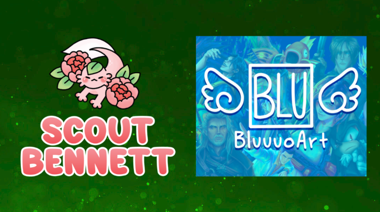 Text and logos on a sparkling green background. The text says "Featured Artists". The logos are for two artists: Scoutt Bennett and BluuuoArt.