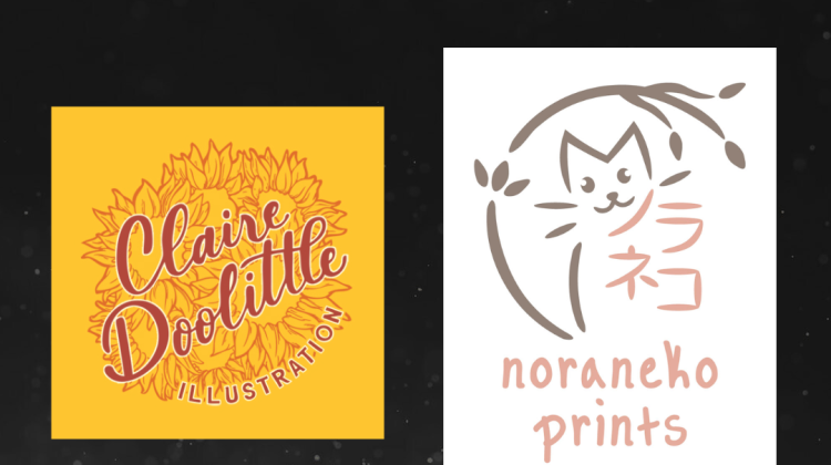 Text and logos on a gray sparkling background. The text says "Featured Artists". The logos are of the businesses Claire Doolittle Illustration and noraneko prints.