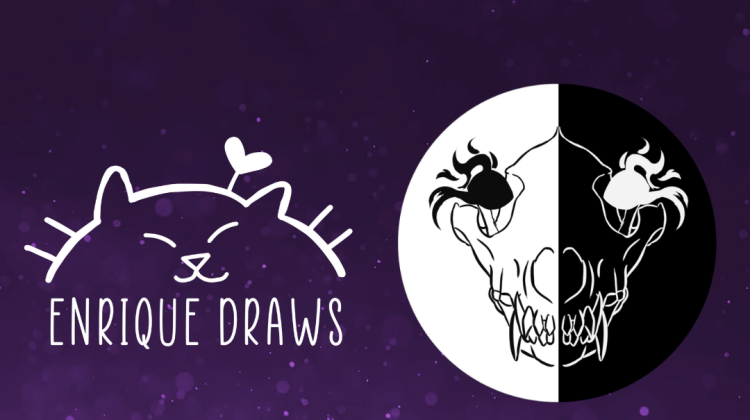 Text and logos on a sparkling purple background. The text says "Featured Artists". The logos are for Enrique Draws and Heroes of Nowhere.