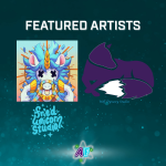 Text and logos on a sparkling blue background. Text says "Featured Artists", and the logos are for Fried Unicorn Studio and Wolf Dynasty Studios.