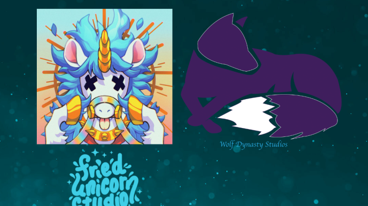 Text and logos on a sparkling blue background. Text says "Featured Artists", and the logos are for Fried Unicorn Studio and Wolf Dynasty Studios.
