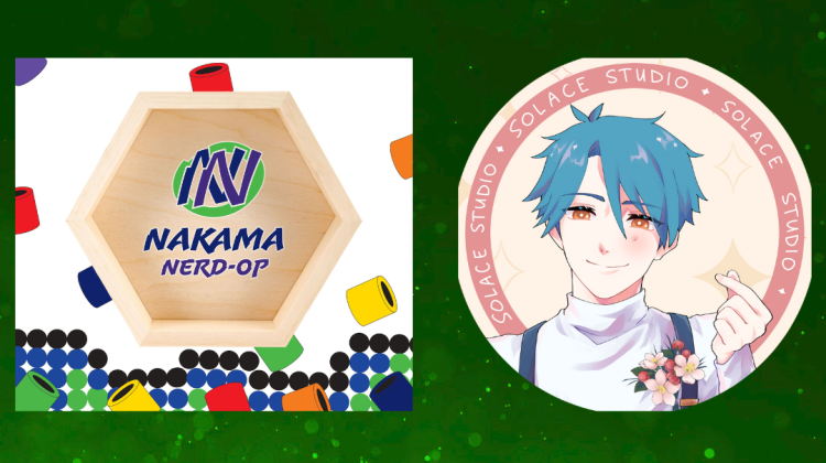 Text on top: "Featured Artists". Below to the left is the logo for Nakama Nerd-Op, with the artist name inside a wooden hexagon; to the right is the Solace Studio logo, featuring a smiling anime boy.