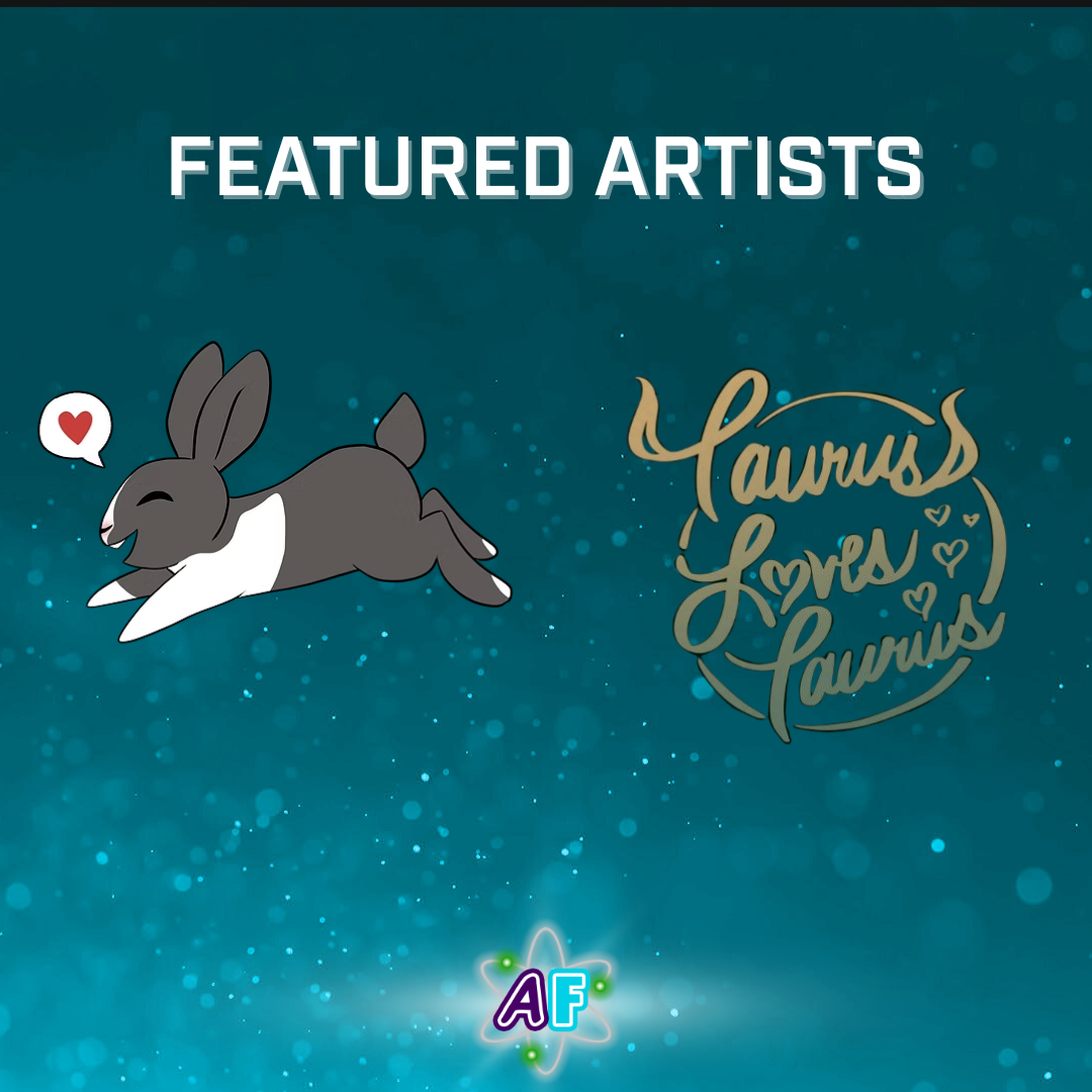 Top text reads: Featured Artists, followed by the logos of Heidibunnyart (a happy rabbit in the middle of a leap) and TaurusLovesTaurus (a cursive version of the artist's name).