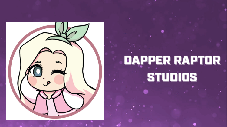 Text on top reads: Featured Artists. Under it there are two logos: MevrouwRoze Studios' (a blonde girl winking with her tongue out) and Dapper Raptor Studios' (name serves as logo).