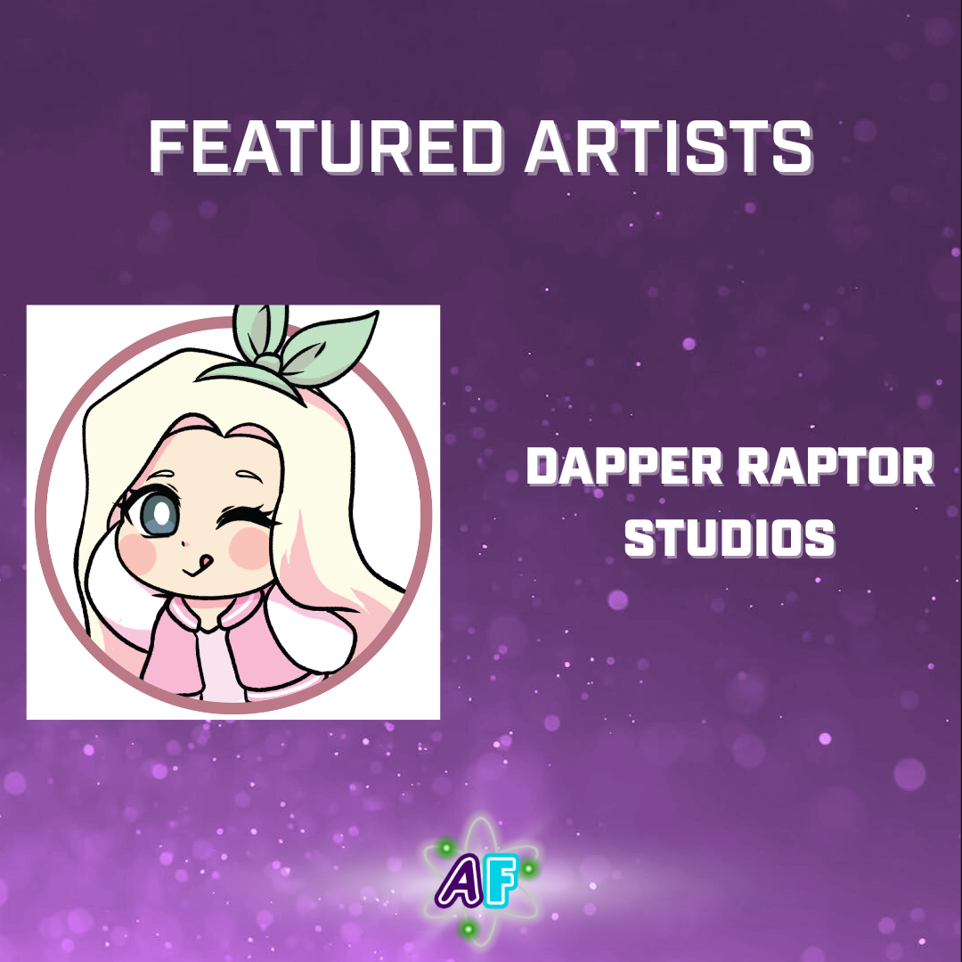 Text on top reads: Featured Artists. Under it there are two logos: MevrouwRoze Studios' (a blonde girl winking with her tongue out) and Dapper Raptor Studios' (name serves as logo).
