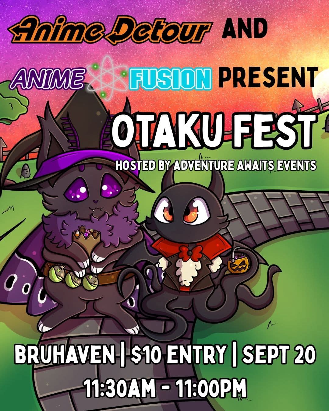 Art of a cat-moth and demon-kitty wearing Halloween costumes. Text on picture: "Anime Detour and Anime Fusion present Otaku Fest (Hosted by Adventure Awaits Events)