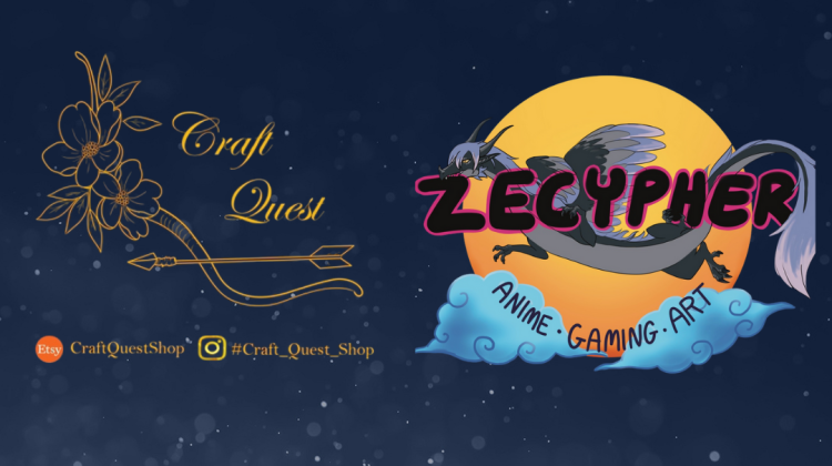 Text and logos on a sparkling navy background. The text says "Featured Artists", and the logos are of Craft Quest and Zecypher.
