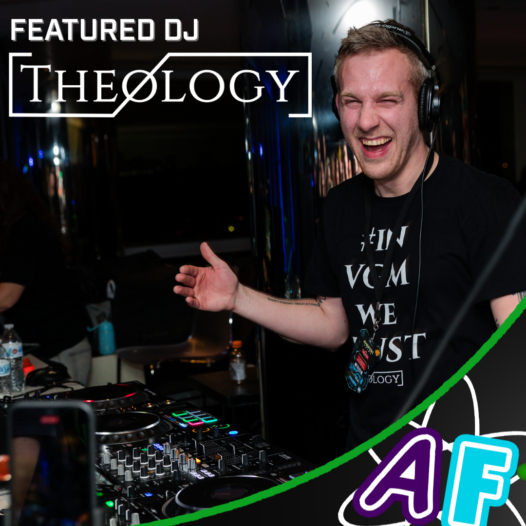 A picture of a smiling man wearing headphones in front of a DJ workstation. Text on the photo reads: "Featured DJ: Theology" with the artists logo serving as text