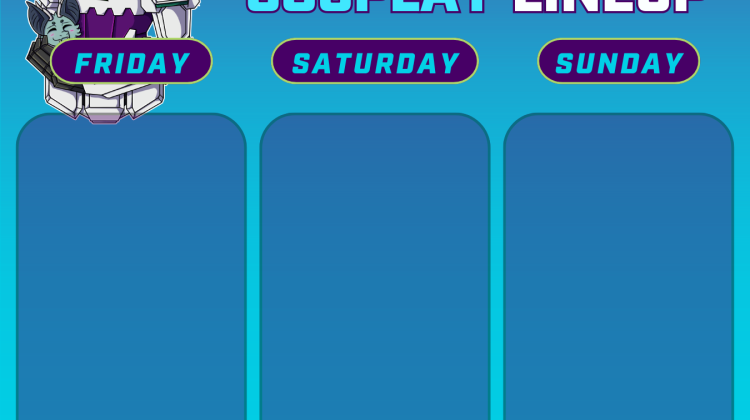 A cosplay lineup template. There are three empty slots for three days for folks to put photos of their cosplays on. The slots are labeled "Friday", "Saturday", and "Sunday" respectively. There is art of the mech mascot cuddling the batdragon and catmoth mascots in the upper left corner. The image is labeled "Anime Fusion Mechs and Madness Cosplay Lineup