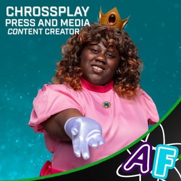 A woman with dark curly hair cosplaying Princess Peach from Mario, with her hand outstretched toward the viewer. She is composited onto a blue sparkling background. Text on the image says: "Chrossplay Press and media CONtent Creator"