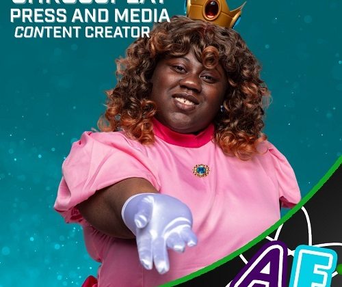 A woman with dark curly hair cosplaying Princess Peach from Mario, with her hand outstretched toward the viewer. She is composited onto a blue sparkling background. Text on the image says: "Chrossplay Press and media CONtent Creator"