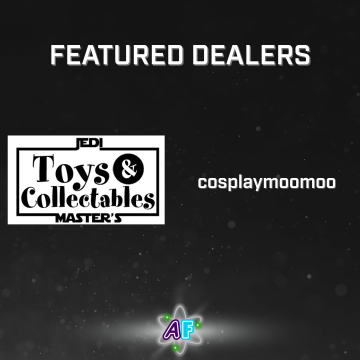 Text and a logo on a dark grey sparkling background. The logo is for Jedi Master's Toys and Collectibles. Text on the overall image says "Featured Dealers", and a business name is text as well: "cosplaymoomoo"