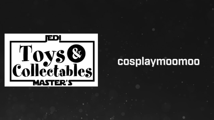 Text and a logo on a dark grey sparkling background. The logo is for Jedi Master's Toys and Collectibles. Text on the overall image says "Featured Dealers", and a business name is text as well: "cosplaymoomoo"