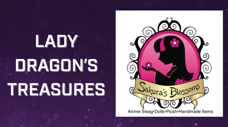 Text and a logo on a sparkling purple background. Text reads "Featured Dealers" and "Lady Dragon's Treasures". The logo is for Sakura's Blossoms, one of the dealers that will be at Anime Fusion.