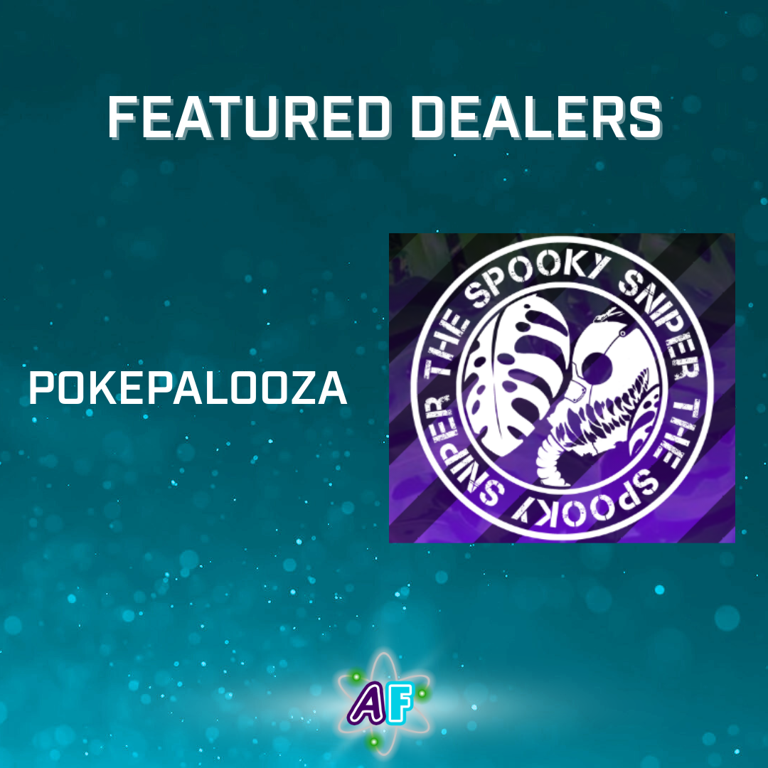 Text at the top center reads "Featured dealers", below showing the logos for Pokepalooza (name serving as logo) and The Spooky Sniper.