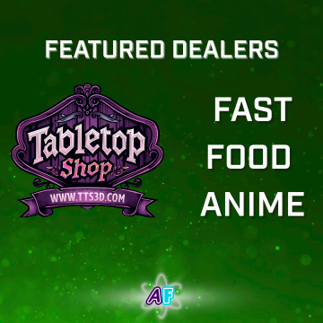 Text and a logo on a sparkling green background. The text says "Featured Dealers". The right side of the image has text saying "Fast Food Anime", the name of one of the dealers. The logo is on the left side and is the logo for Tabletop Shop.