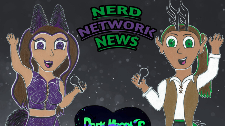 Logo of Nerd Network News, showing two people: one femme-looking on the left wearing wolf ears, and one masc.-looking on the right wearing antlers. Both are holding microphones.