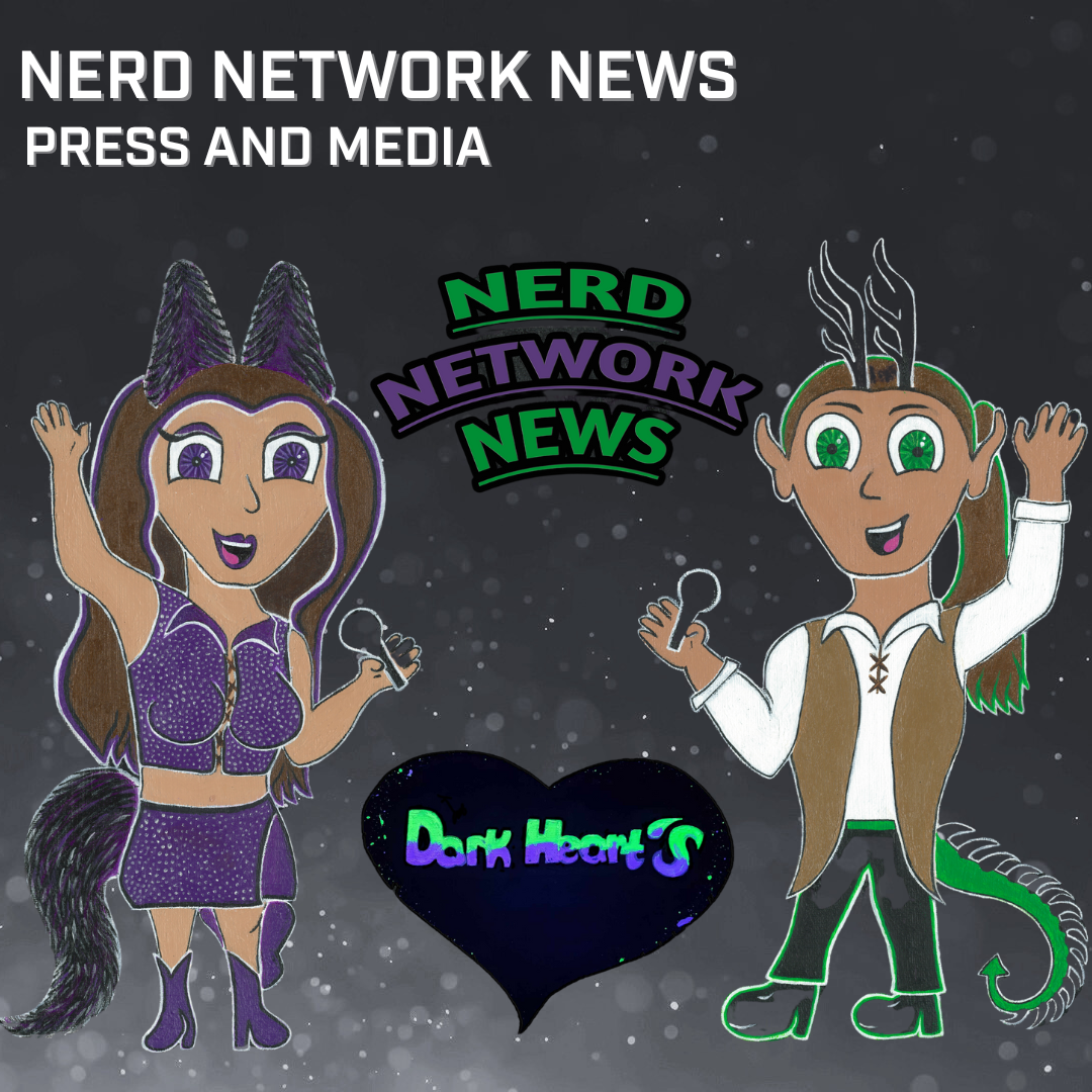 Logo of Nerd Network News, showing two people: one femme-looking on the left wearing wolf ears, and one masc.-looking on the right wearing antlers. Both are holding microphones.