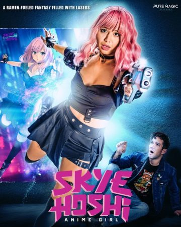The image shows the official poster for the movie, with a picture of the anime character Skye Hoshi in the background; the live action character is placed at the center aiming a gun at the front while another character watches her in awe from the bottom right.