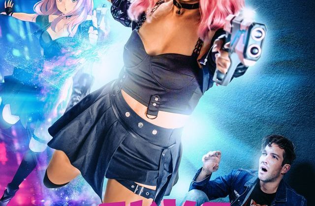 The image shows the official poster for the movie, with a picture of the anime character Skye Hoshi in the background; the live action character is placed at the center aiming a gun at the front while another character watches her in awe from the bottom right.