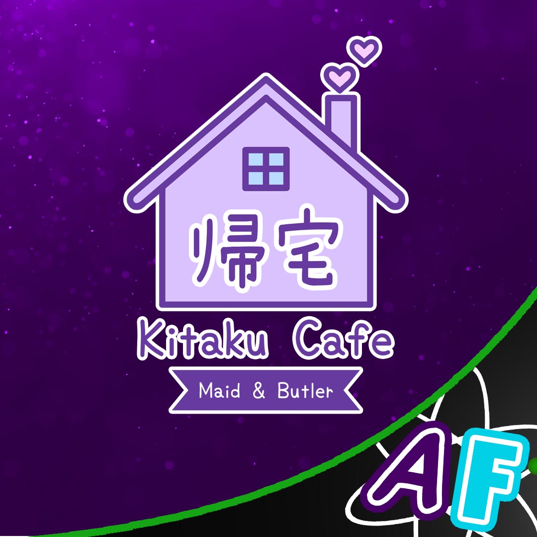 Image shows logo of Kitaku Cafe: a house with the name Kitaku in Kanji. Text below reads: "Kitaku Cafe: Maid & Butler".