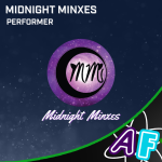 Text at the top left reads: "Midnight Minxes: Performer". Graphic features Midnight Minxes logo (a crescent moon-like symbol with two M's inside, all encased within a circle). The group's name is written below.