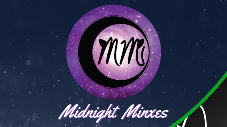 Text at the top left reads: "Midnight Minxes: Performer". Graphic features Midnight Minxes logo (a crescent moon-like symbol with two M's inside, all encased within a circle). The group's name is written below.