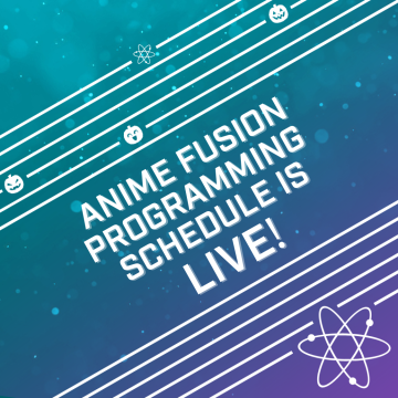 Text on a sparkling blue-purple ombre background. The text says: "Anime Fusion programming schedule is LIVE!