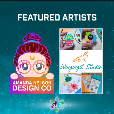Text and logos on a blue background. The text says "Featured Artists", and the logos are for the artists Amanda Nelson Design Co and Wingingit Studio.