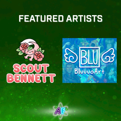 Text and logos on a sparkling green background. The text says "Featured Artists". The logos are for two artists: Scoutt Bennett and BluuuoArt.