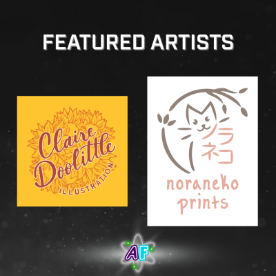 Text and logos on a gray sparkling background. The text says "Featured Artists". The logos are of the businesses Claire Doolittle Illustration and noraneko prints.