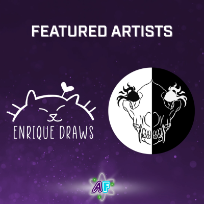 Text and logos on a sparkling purple background. The text says "Featured Artists". The logos are for Enrique Draws and Heroes of Nowhere.