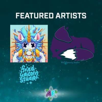 Text and logos on a sparkling blue background. Text says "Featured Artists", and the logos are for Fried Unicorn Studio and Wolf Dynasty Studios.