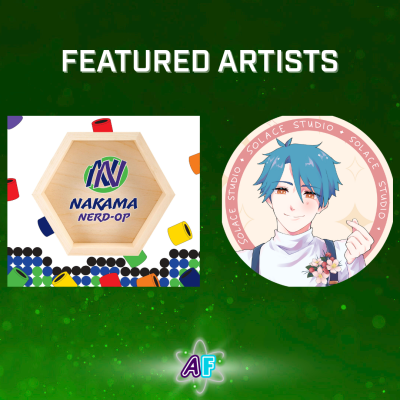 Text on top: "Featured Artists". Below to the left is the logo for Nakama Nerd-Op, with the artist name inside a wooden hexagon; to the right is the Solace Studio logo, featuring a smiling anime boy.