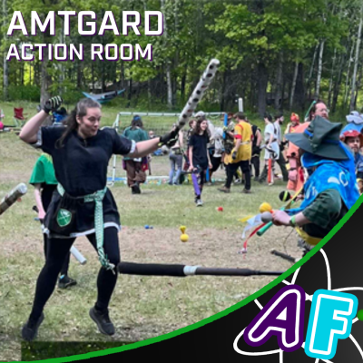 Image of multiple people participating in mock battles, using padded weapons. White text at the top reads: "AMTGARD ACTION ROOM"