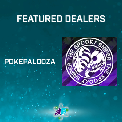 Text at the top center reads "Featured dealers", below showing the logos for Pokepalooza (name serving as logo) and The Spooky Sniper.
