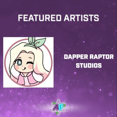 Text on top reads: Featured Artists. Under it there are two logos: MevrouwRoze Studios' (a blonde girl winking with her tongue out) and Dapper Raptor Studios' (name serves as logo).