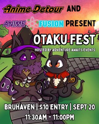 Art of a cat-moth and demon-kitty wearing Halloween costumes. Text on picture: "Anime Detour and Anime Fusion present Otaku Fest (Hosted by Adventure Awaits Events)