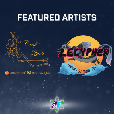 Text and logos on a sparkling navy background. The text says "Featured Artists", and the logos are of Craft Quest and Zecypher.